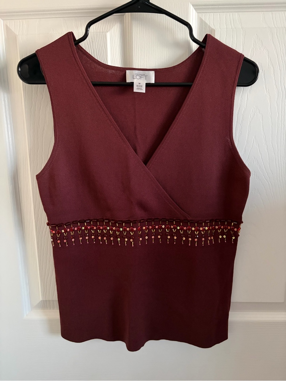 LOFT Sleeveless Wine Red Beaded Waist V-Neck Top